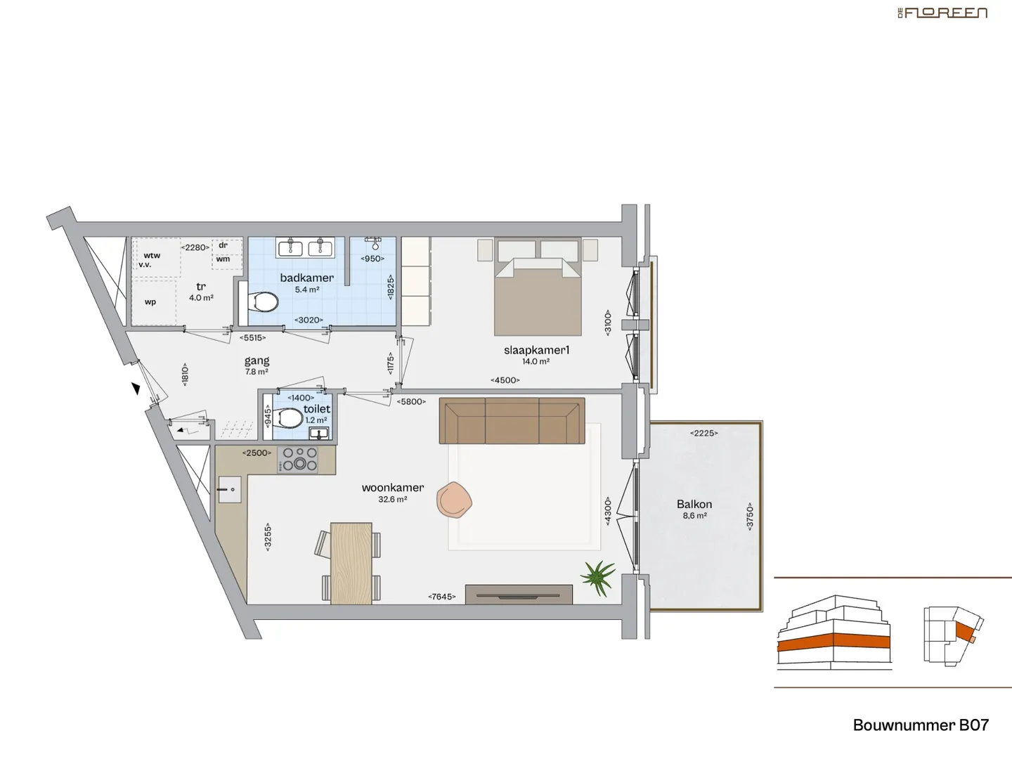 Fundaplattegrond appartement B07