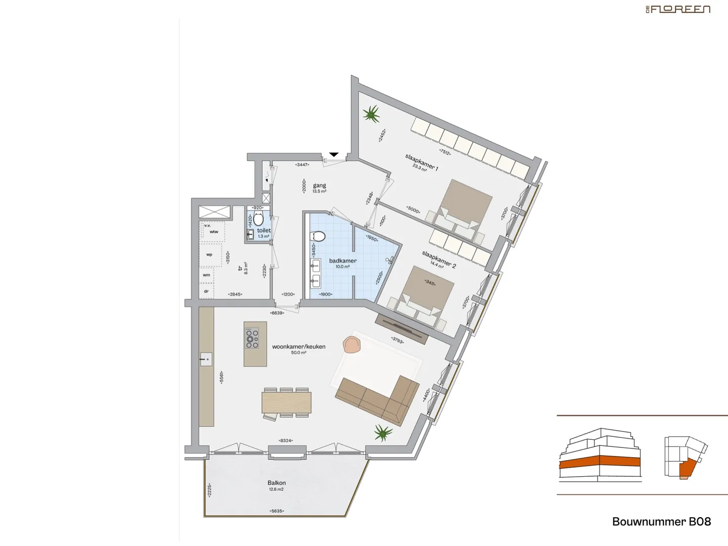 Fundaplattegrond appartement B08